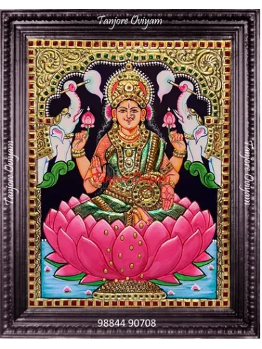 Gajalakshmi with Elephants Tanjore painting seated pink lotus slender white elephants gold foil artwork